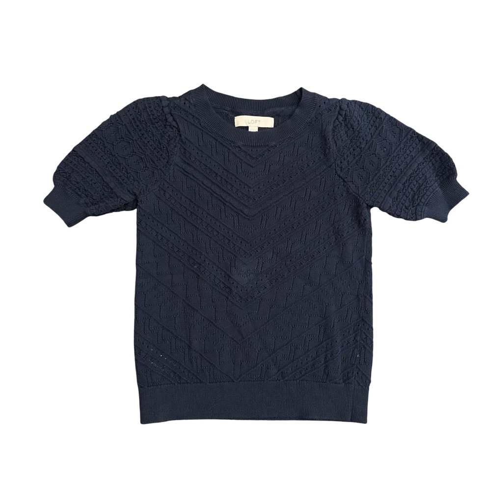 Loft Navy Blue Pointelle Chevron Knit Short Sleeve Cotton Sweater XS